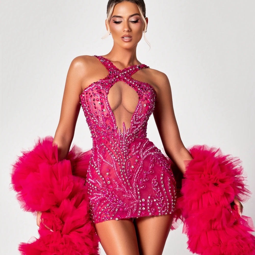 Hot Pink Embellished Mini Dress - Tabja Fiamma